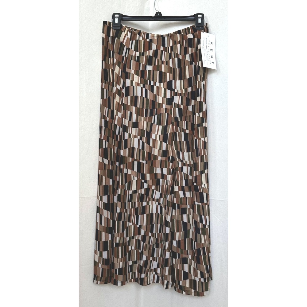 NOS 80s Kemp Collection Silk Blend‎ Maxi Skirt Brown Geo Sz L Stretch Vtg *READ